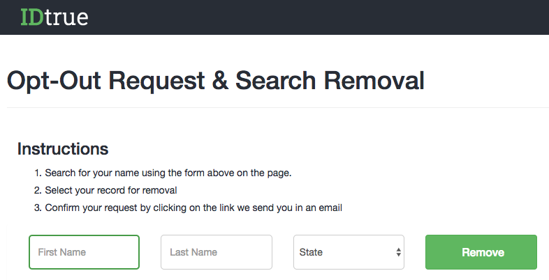 IDtrue opt out request and search removal