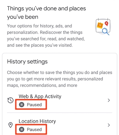 Pause location and web and activity history